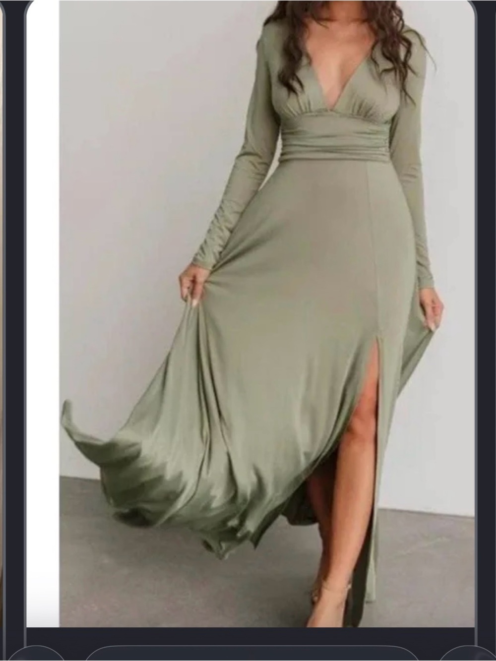 Baltic Born Olive Green Long Sleeve V-Neck Maxi Dress with Side Slit